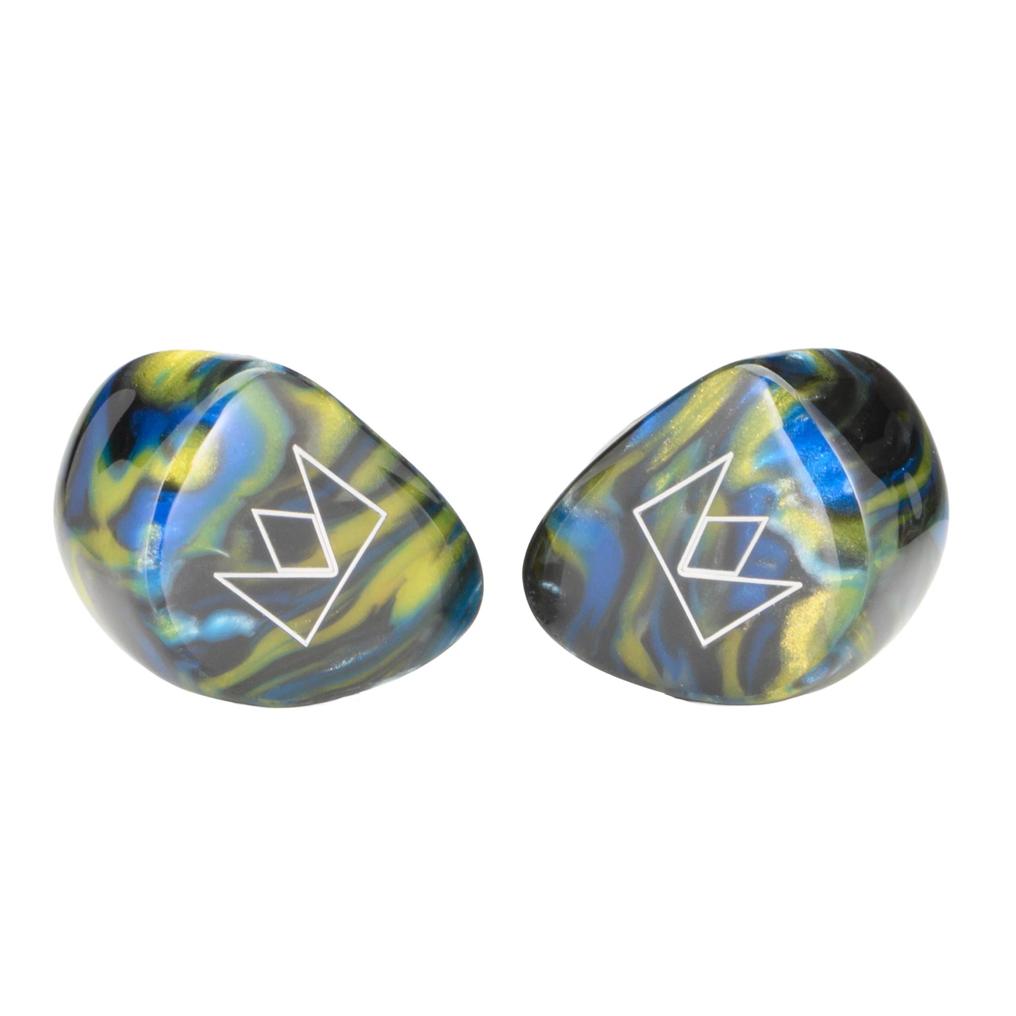Noble Audio Van Gogh IEM with blue, green, and yellow swirling design and white logo on white background