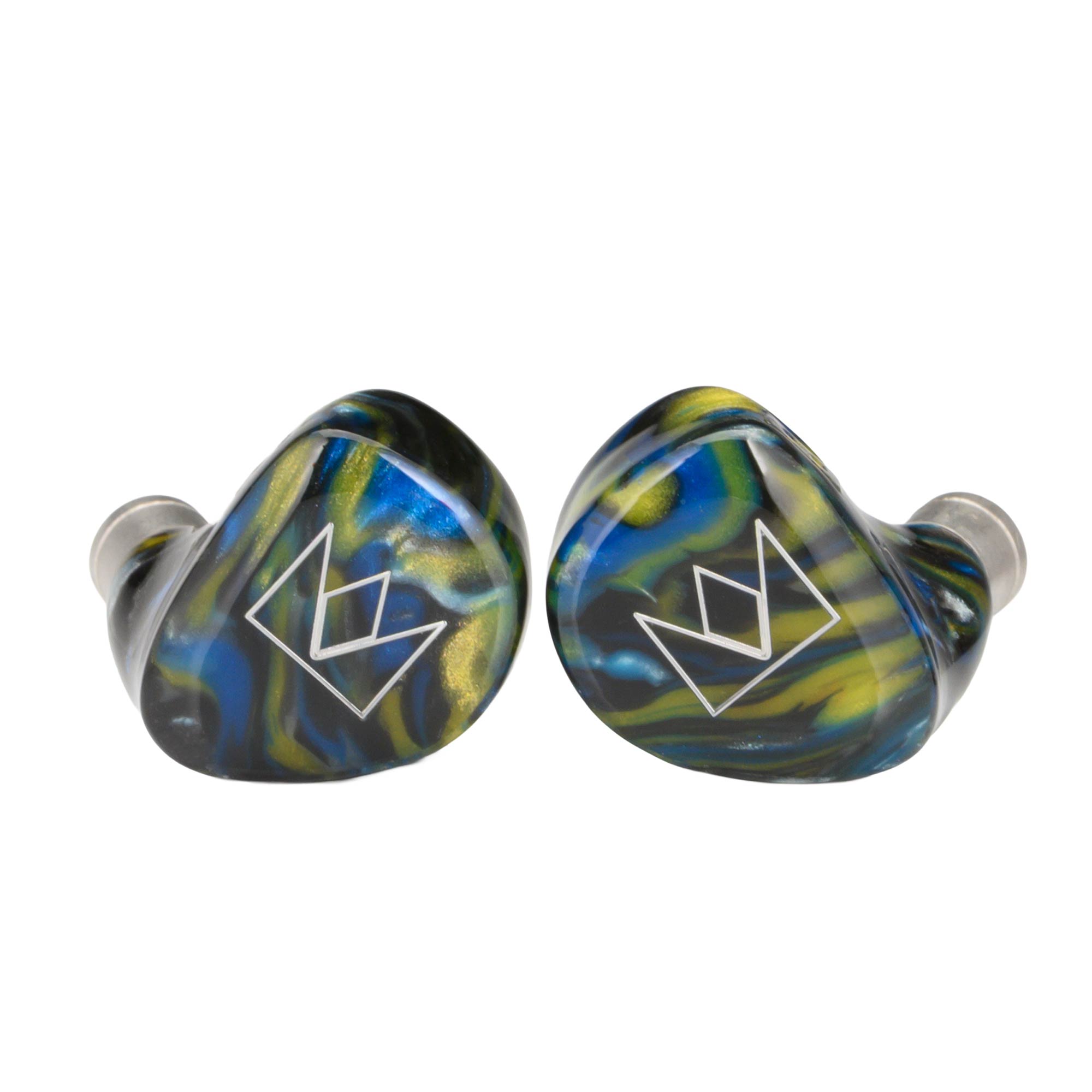 Noble Audio Van Gogh IEM with blue, green, and yellow swirled faceplates and white logo on white background