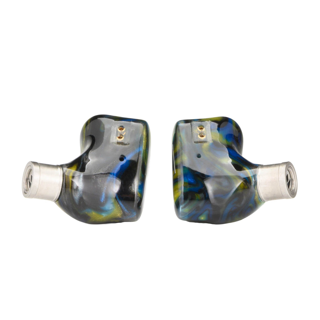 Noble Audio Van Gogh IEM with multicolor resin shells and silver nozzle connectors on white background