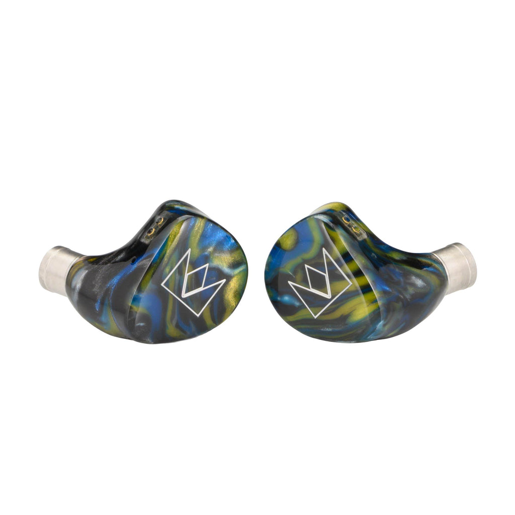 Noble Audio Van Gogh IEM with blue and yellow swirled custom shells and white logo on white background