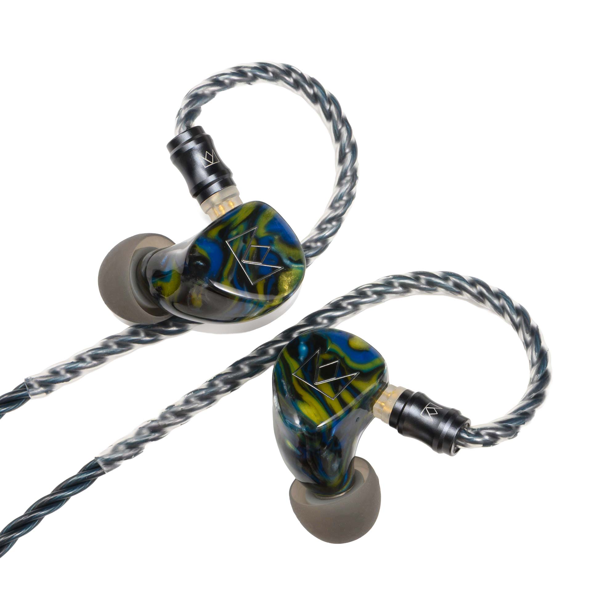 Noble Audio Van Gogh IEM in blue and green resin with twisted silver cable and black connectors on white background