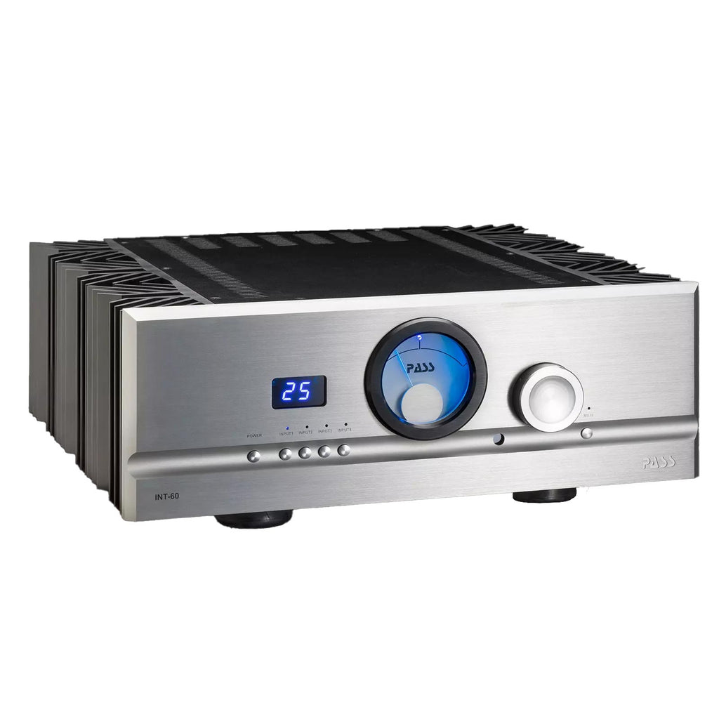 Pass Labs INT-60 Integrated Amplifier with brushed metal finish, blue-illuminated dial, and digital volume display isolated on white background