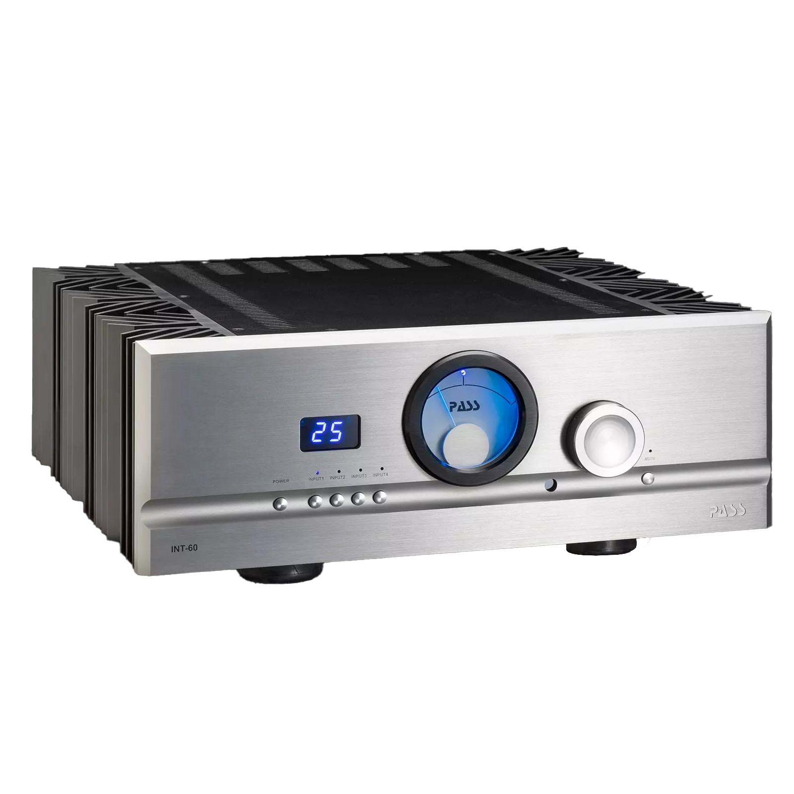 Pass Labs INT-60 Integrated Amplifier with brushed metal finish, blue-illuminated dial, and digital volume display isolated on white background