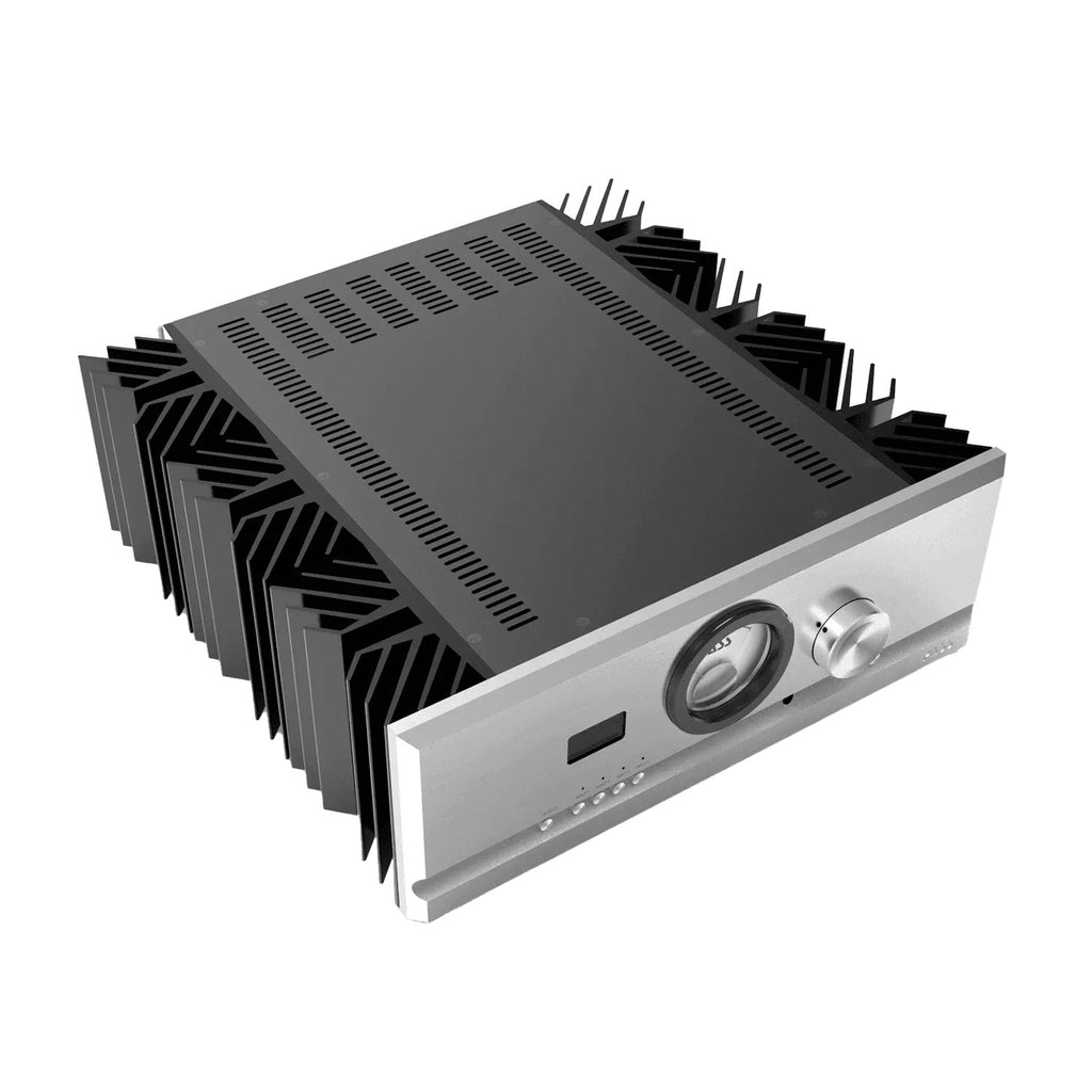 Pass Labs INT-60 Integrated Amplifier with silver front panel and large black heat sinks on white background