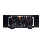 Back view of Pass Labs INT-60 Integrated Amplifier showing speaker terminals and audio input connectors on white background