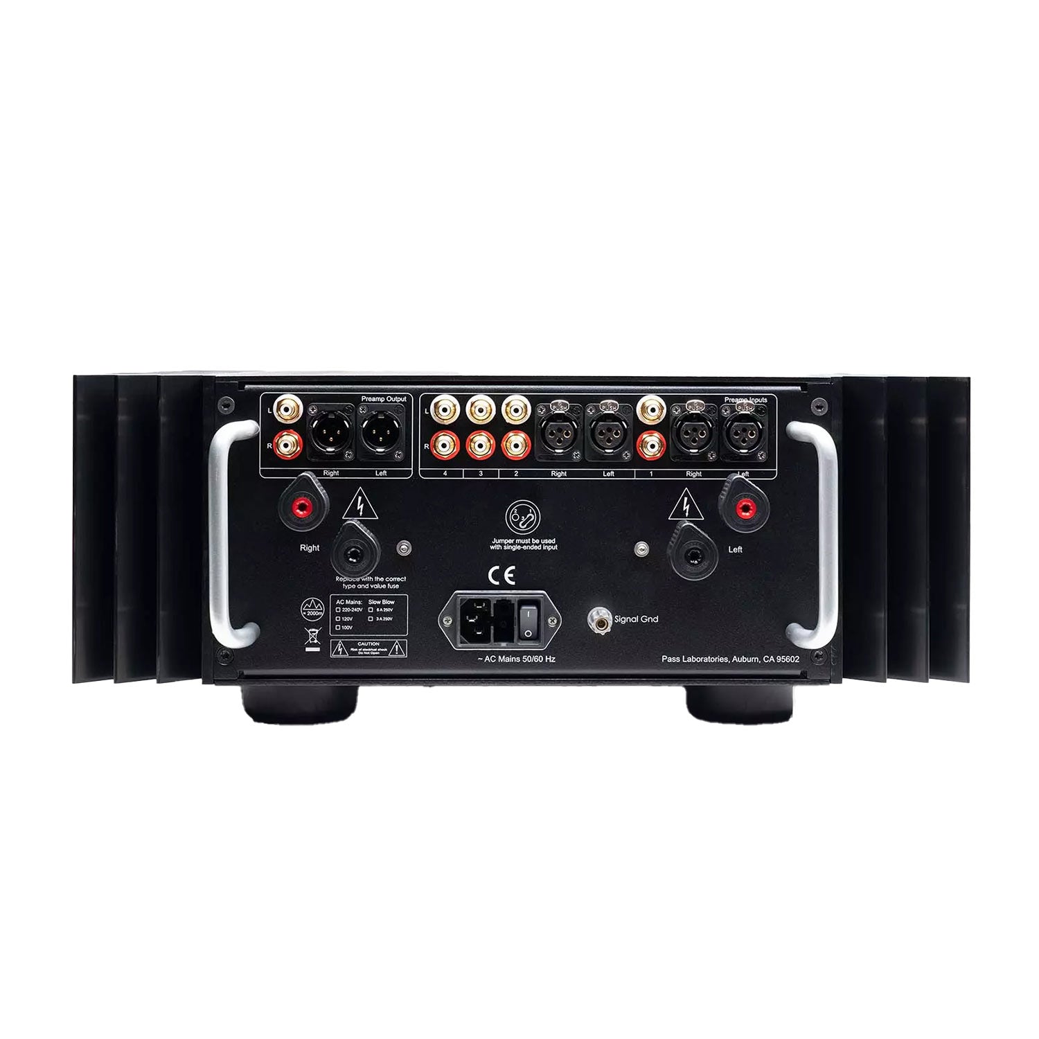 Back view of Pass Labs INT-60 Integrated Amplifier showing speaker terminals and audio input connectors on white background