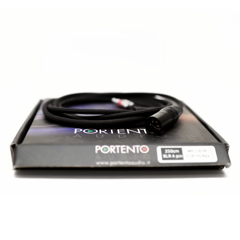 Portento Audio Melodia Premium Upgrade Headphone Cable with 4-pin XLR connector on branded packaging background