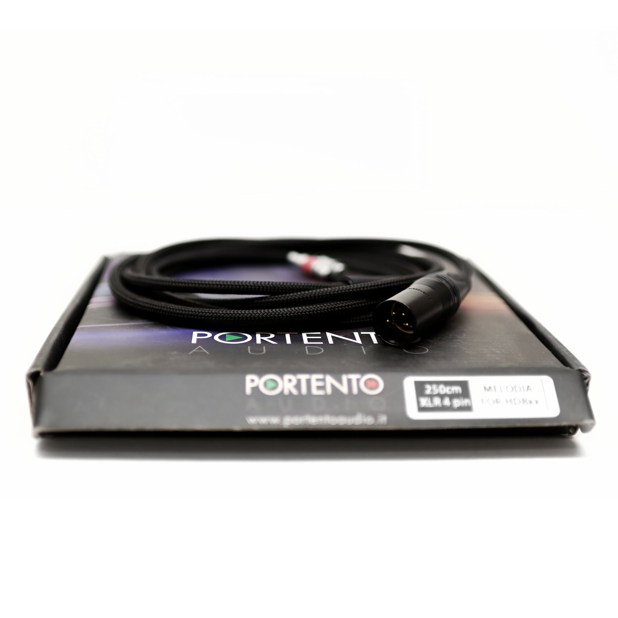 Portento Audio Melodia Premium Upgrade Headphone Cable with 4-pin XLR connector on branded packaging background
