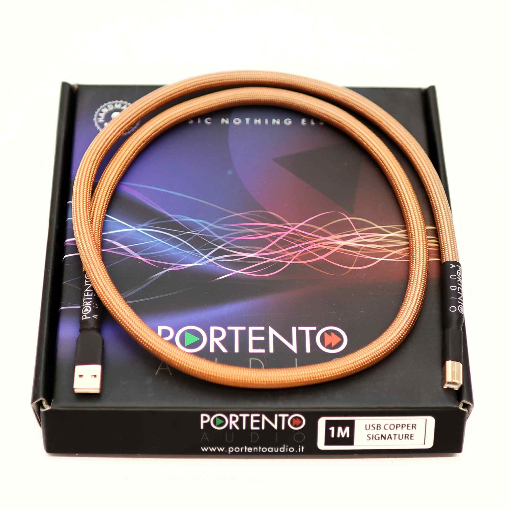 Portento Audio USB Copper Signature Upgrade Digital Cable coiled on branded black box, gold plated connectors visible