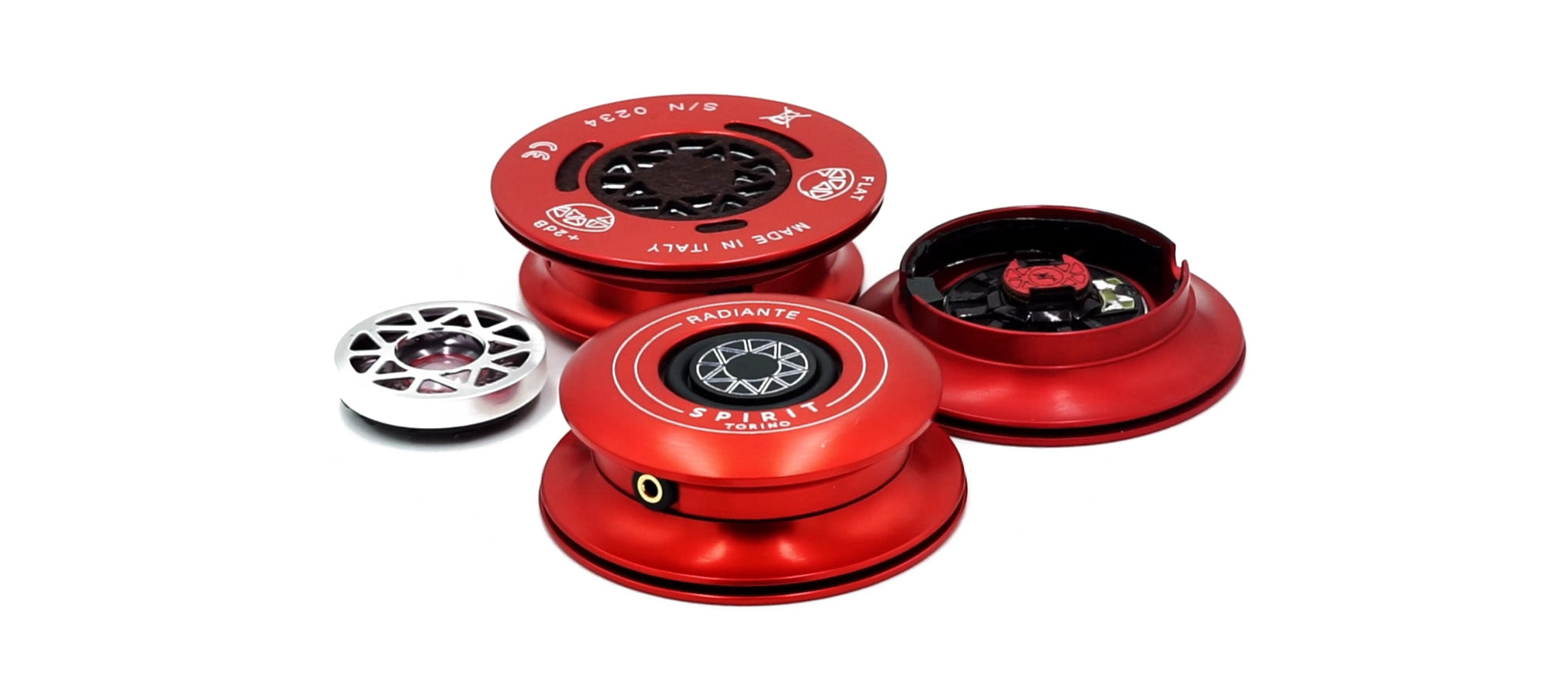 Spirit Torino Radiante Closed-Back (Pre-Owned) headphone ear cup components disassembled showing internal parts in red finish