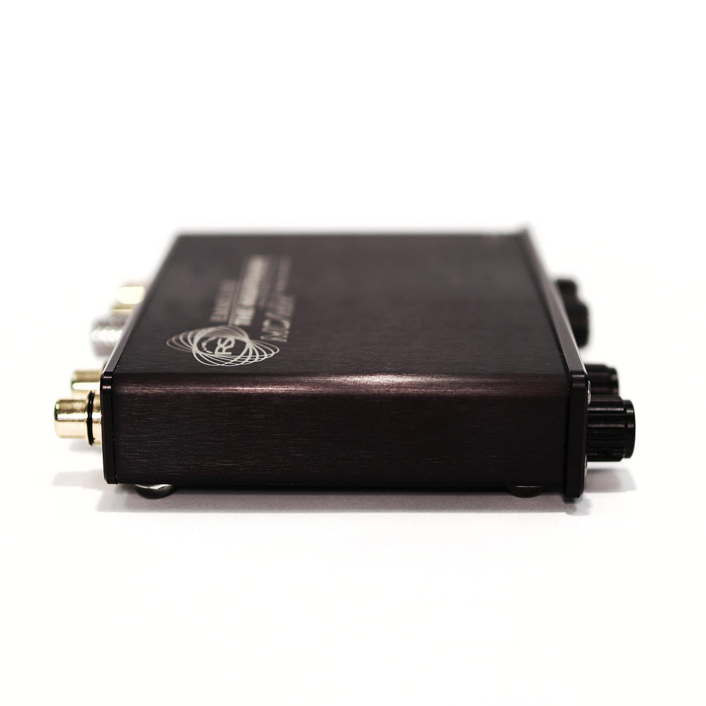 Ray Samuels Audio Emmeline F-117 Nighthawk Phono Stage pre-owned side view showing input and control knobs on white background