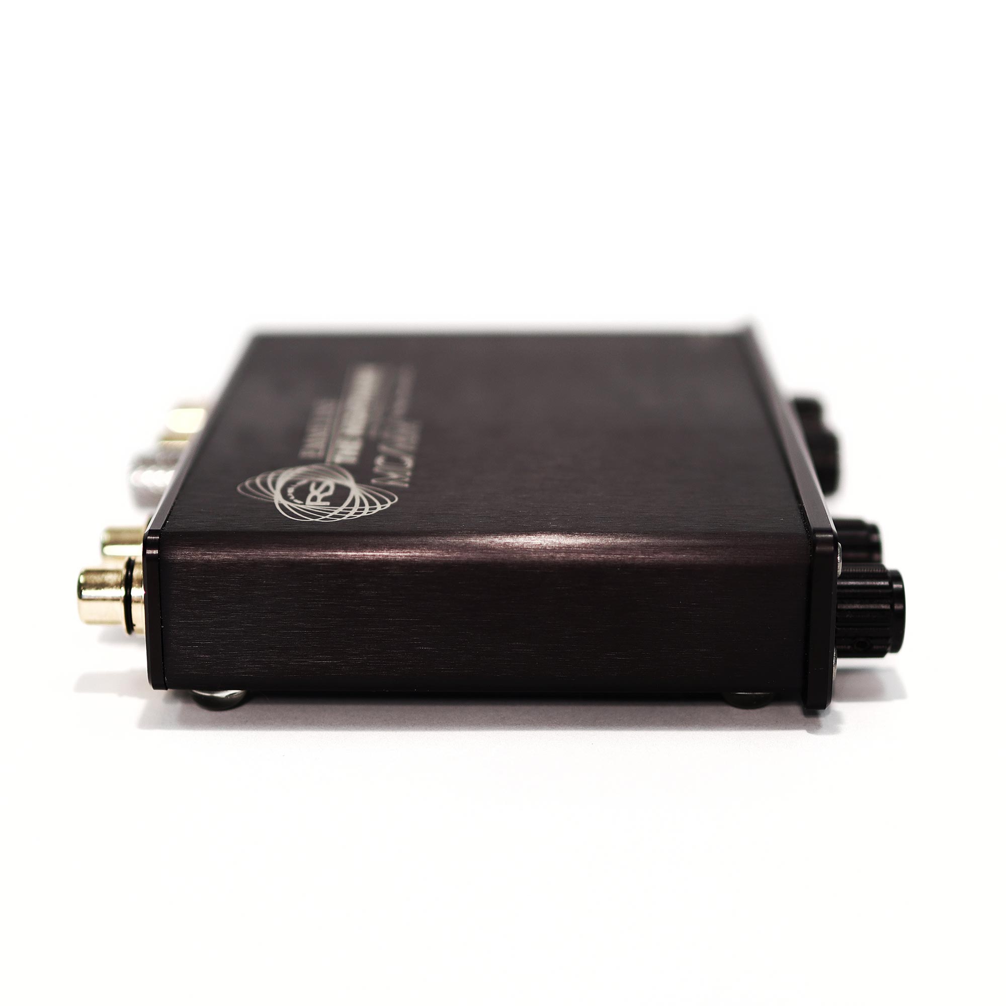 Ray Samuels Audio Emmeline F-117 Nighthawk Phono Stage pre-owned side view showing input and control knobs on white background