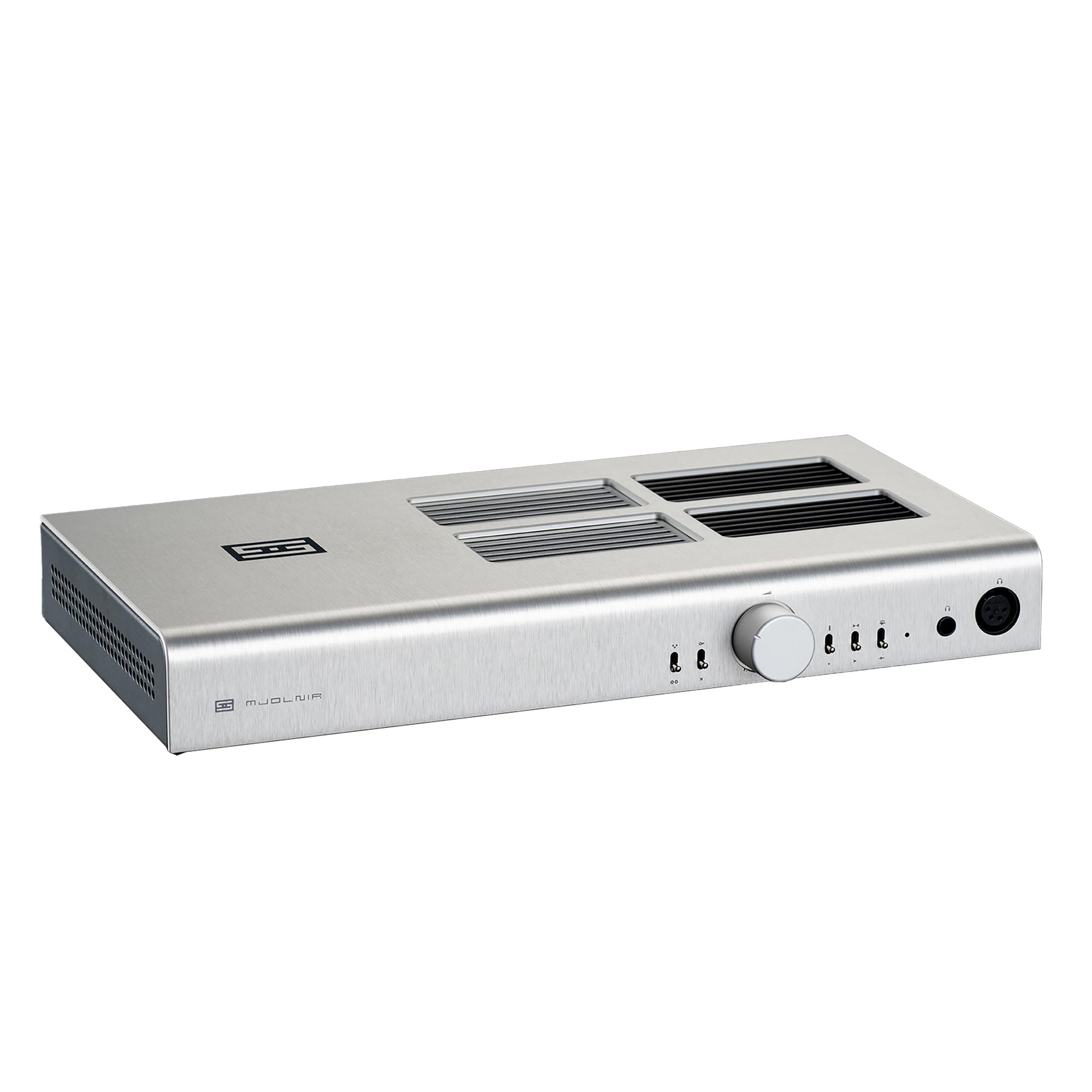 Schiit Mjolnir 3 Class-A Headphone Amplifier in silver with ventilation grills and front control knob on white background