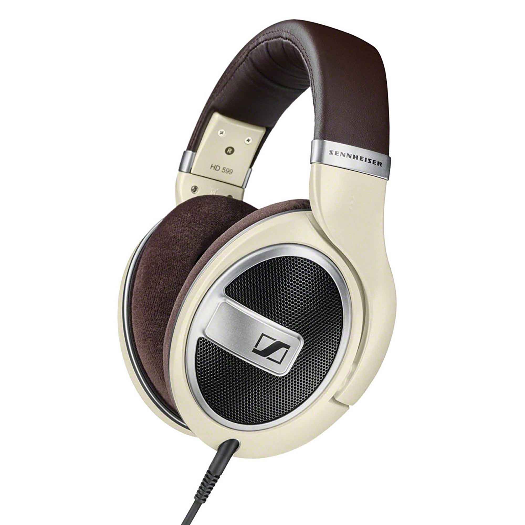 Sennheiser HD599 open-back headphones with cream and brown design and wired connection isolated on white background