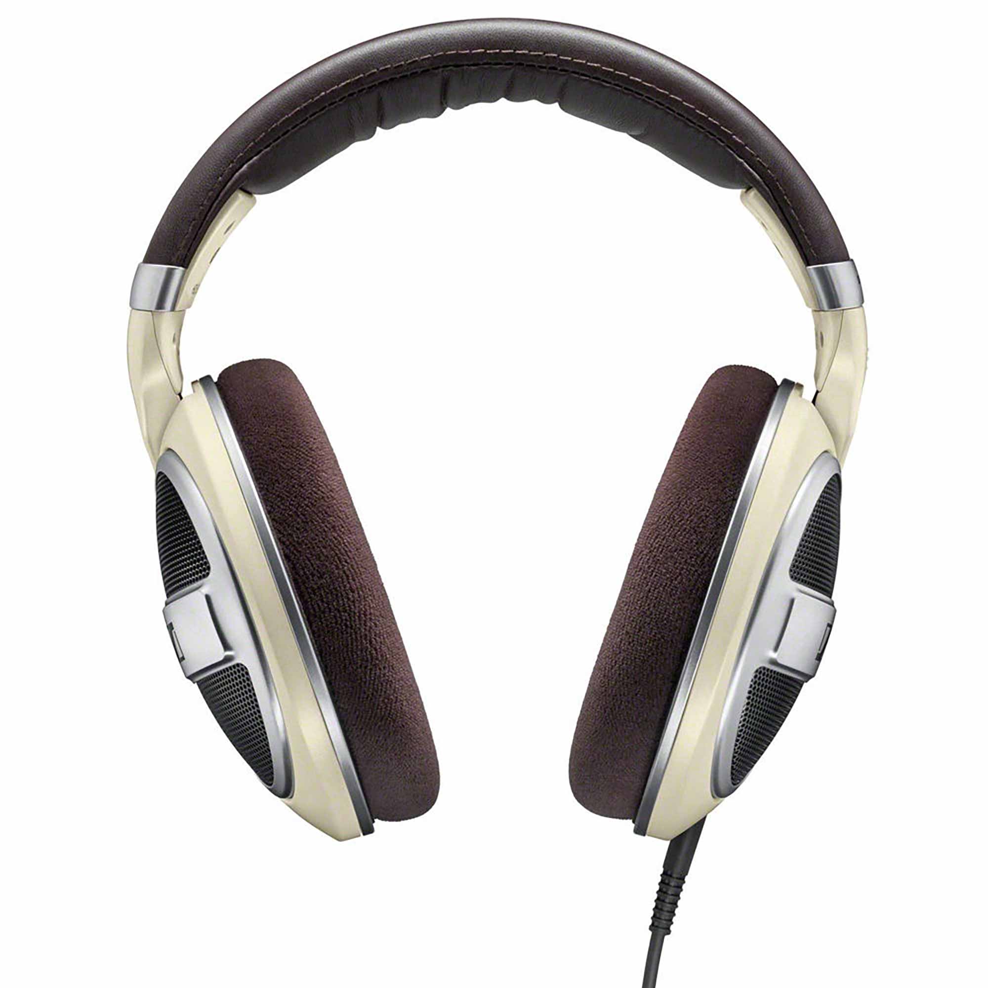 Front view of Sennheiser HD599 open-back headphones with beige frame and brown padded ear cups on white background