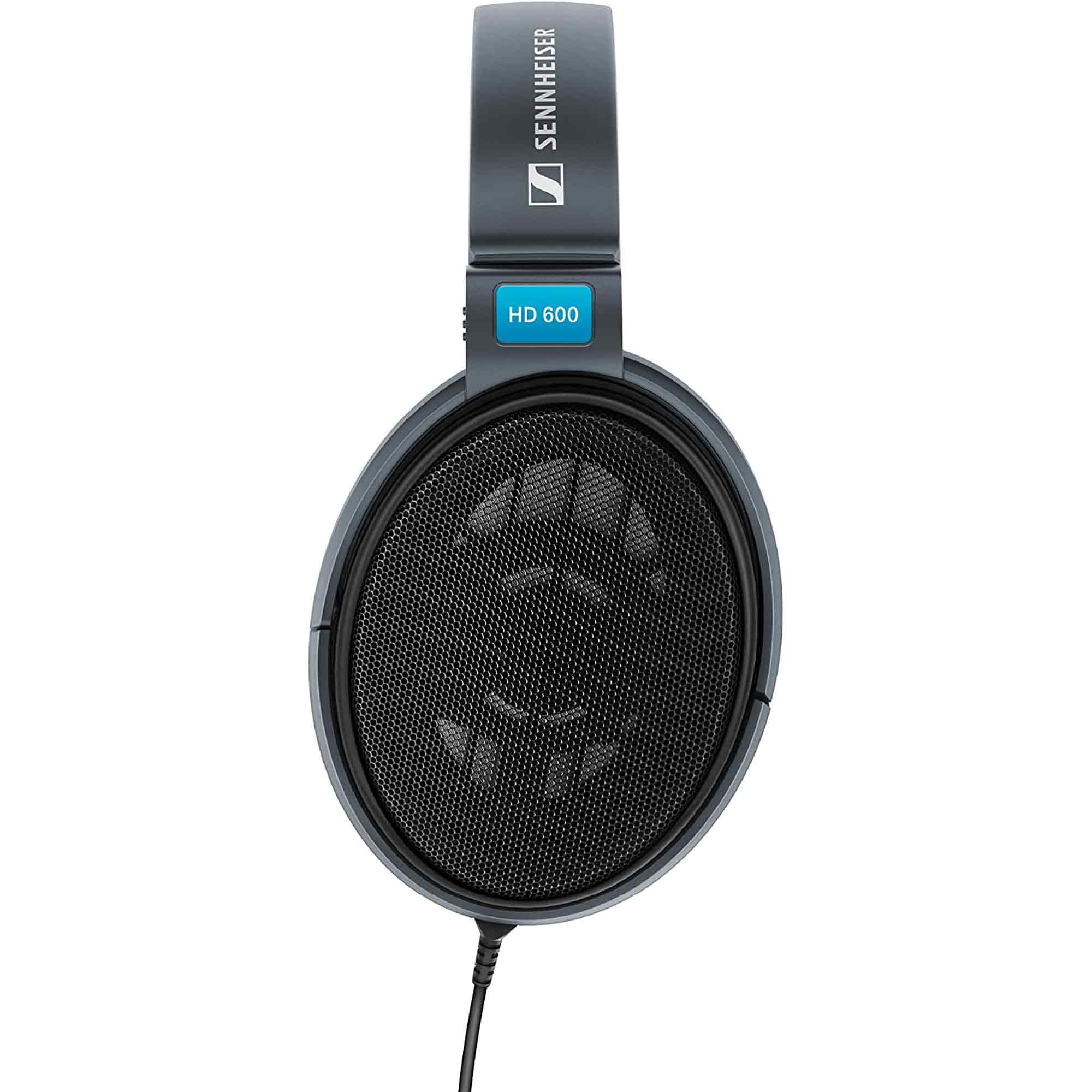 Close-up top view of Sennheiser HD600 open-back headphones with visible mesh grille and cable on white background
