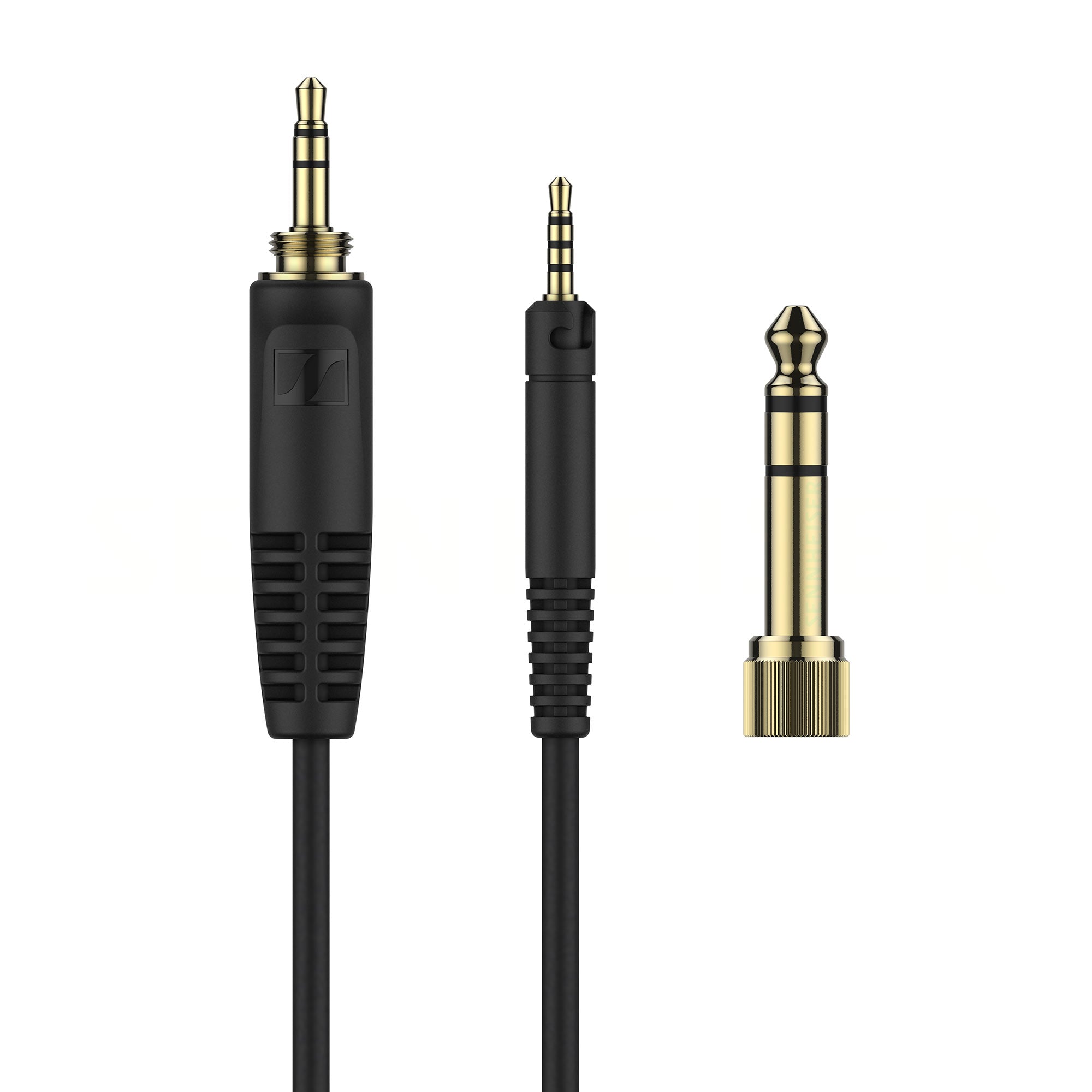 Close-up of audio cable connectors and adapter for Sennheiser HD620S Closed-Back Dynamic Headphones on white background