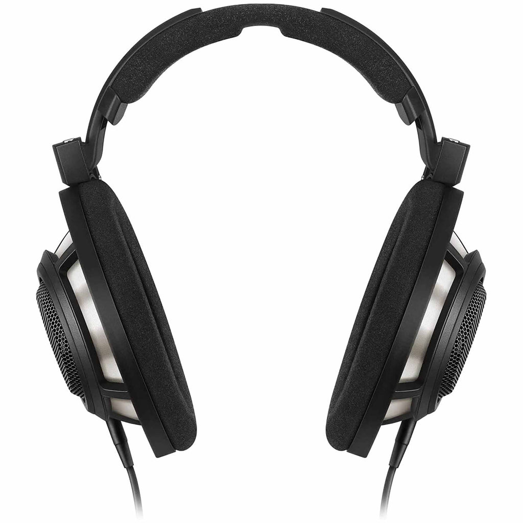 Front view of Sennheiser HD800S Reference Headphone with black ear pads and silver driver housing on white background