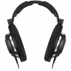 Front view of Sennheiser HD800S Reference Headphone with black ear pads and silver driver housing on white background