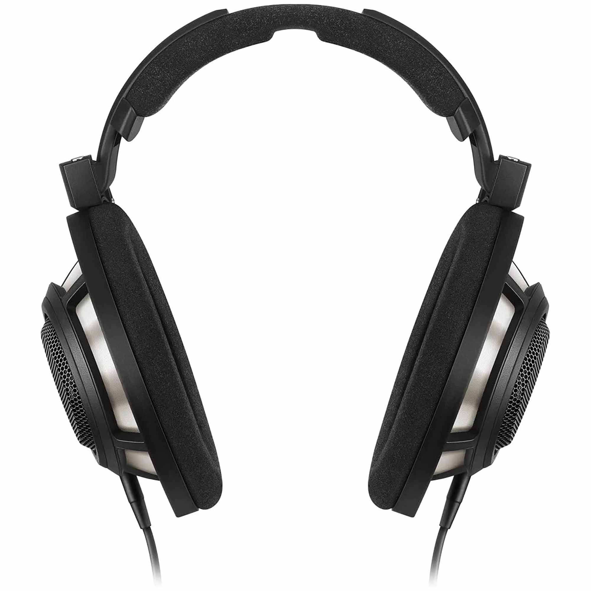 Front view of Sennheiser HD800S Reference Headphone with black ear pads and silver driver housing on white background