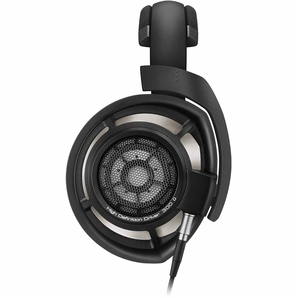 Sennheiser HD800S Reference Headphone showing open back design and visible driver with attached cable on white background