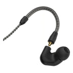 Close-up of Sennheiser IE200 Audiophile In-Ear Monitors earbud with detachable braided cable and black silicone tip on white background