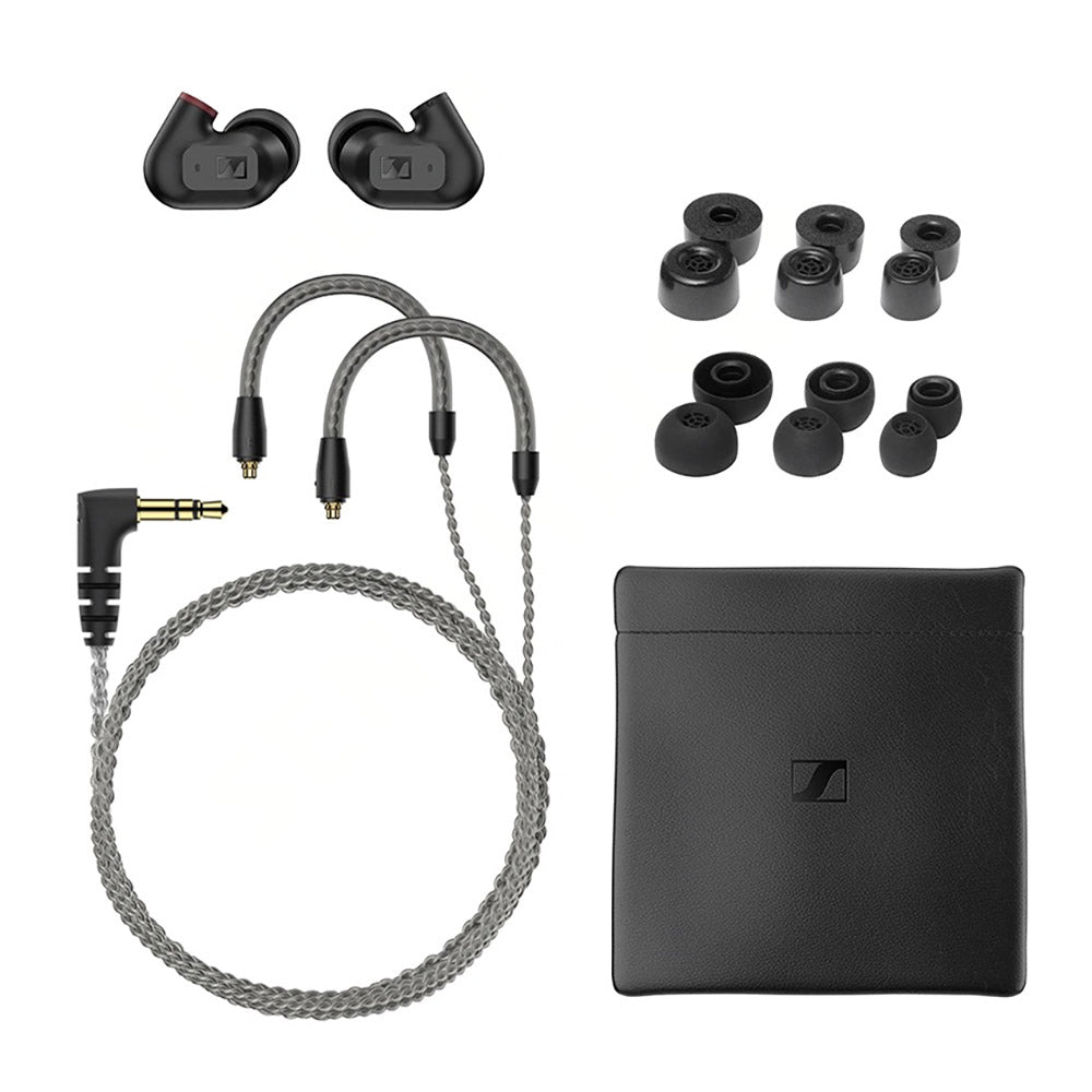 Sennheiser IE200 Audiophile In-Ear Monitors with braided cable, multiple ear tips, and black carrying case on white background