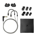 Sennheiser IE200 Audiophile In-Ear Monitors with braided cable, multiple ear tips, and black carrying case on white background