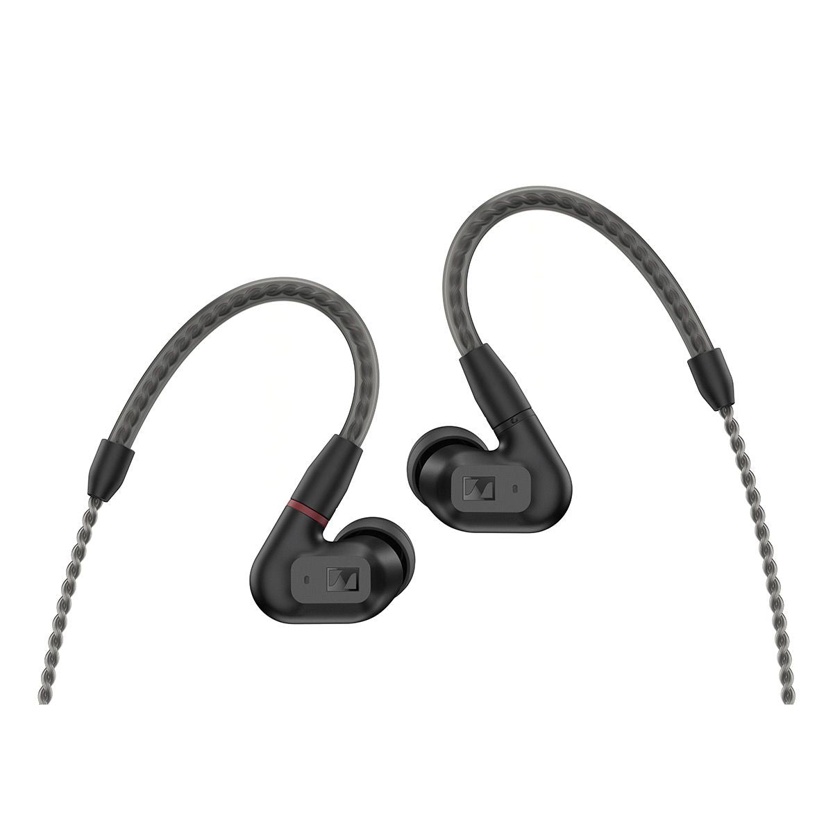 Sennheiser IE200 Audiophile In-Ear Monitors in black with ergonomic design and detachable braided cables on white background