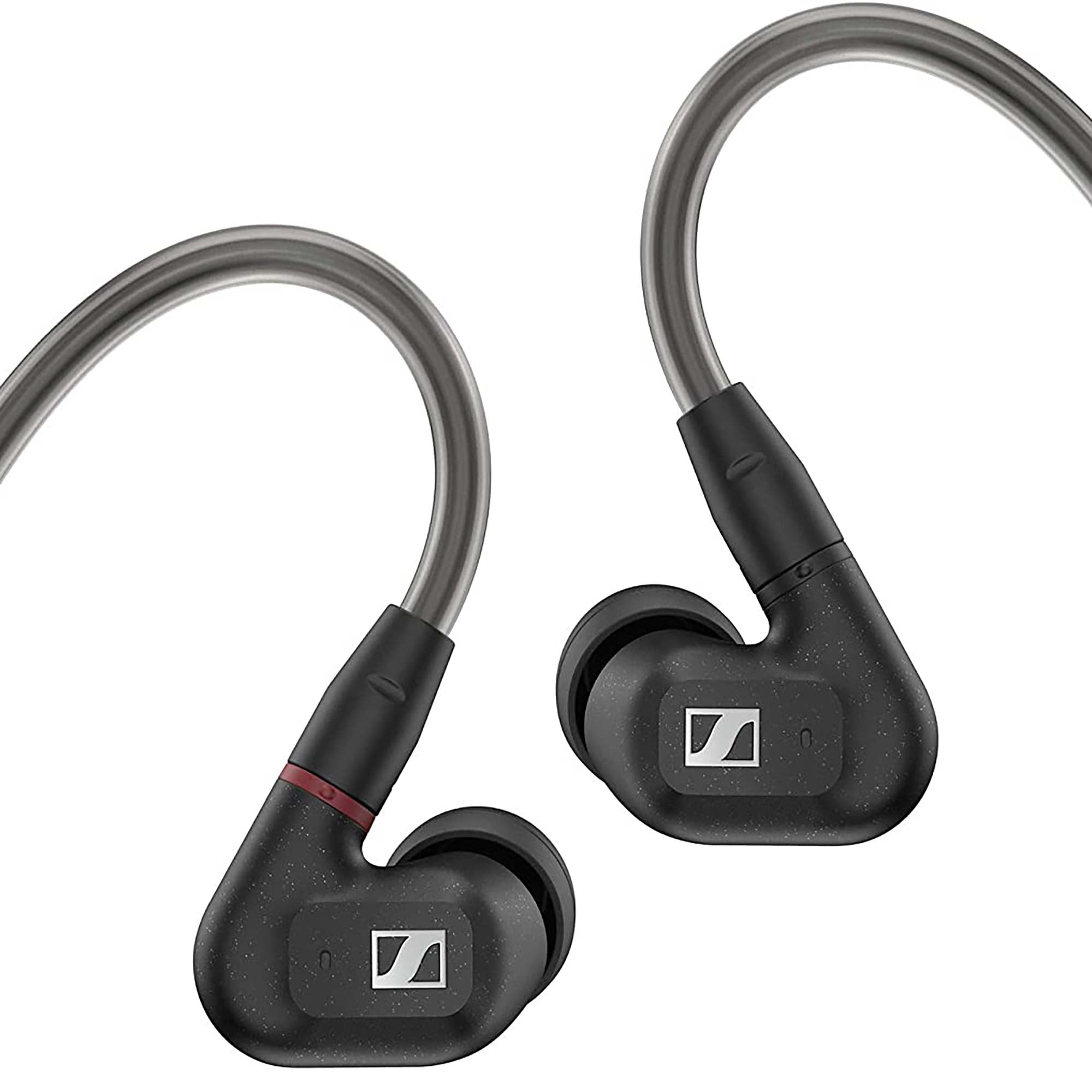 Sennheiser IE300 In-Ear Headphones in black with curved ear hooks and subtle speckled finish on white background