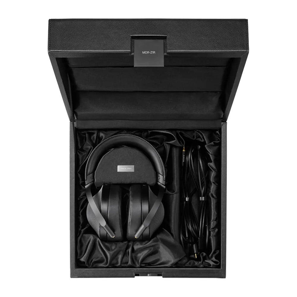 Sony MDR-Z1R Closed Back Headphones in black with accessories neatly arranged inside a premium black presentation case