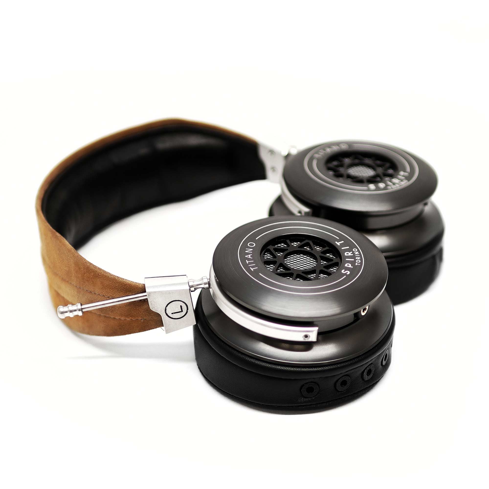 Spirit Torino Titano semi-closed headphones with leather headband and metal ear cups on white background
