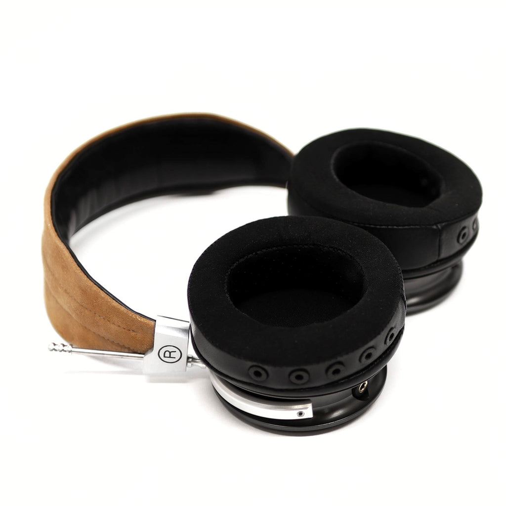 Spirit Torino Titano semi-closed back headphones with black ear pads and tan suede headband on white background