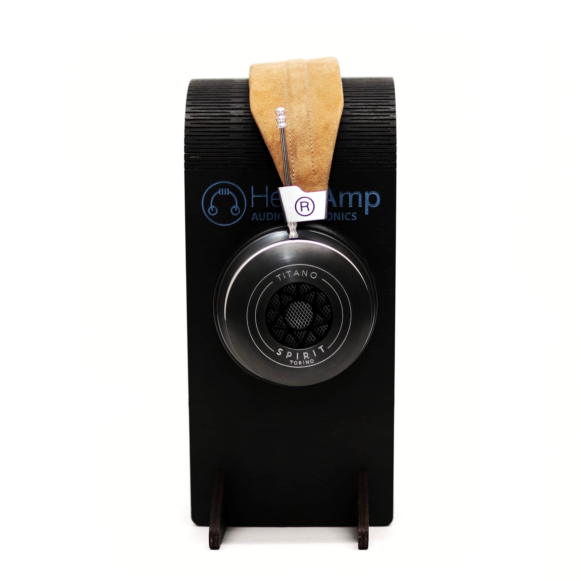 Spirit Torino Titano semi-closed back headphones with metal ear cups and suede headband on black headphone stand