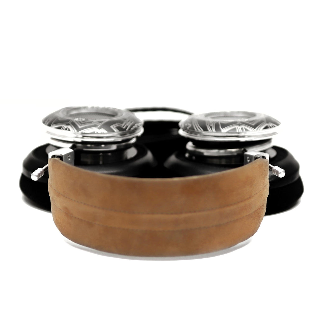 Front view of Spirit Torino Twin Pulse 1706 open back headphones with detailed metal drivers and brown headband on white background