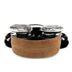 Front view of Spirit Torino Twin Pulse 1706 open back headphones with detailed metal drivers and brown headband on white background