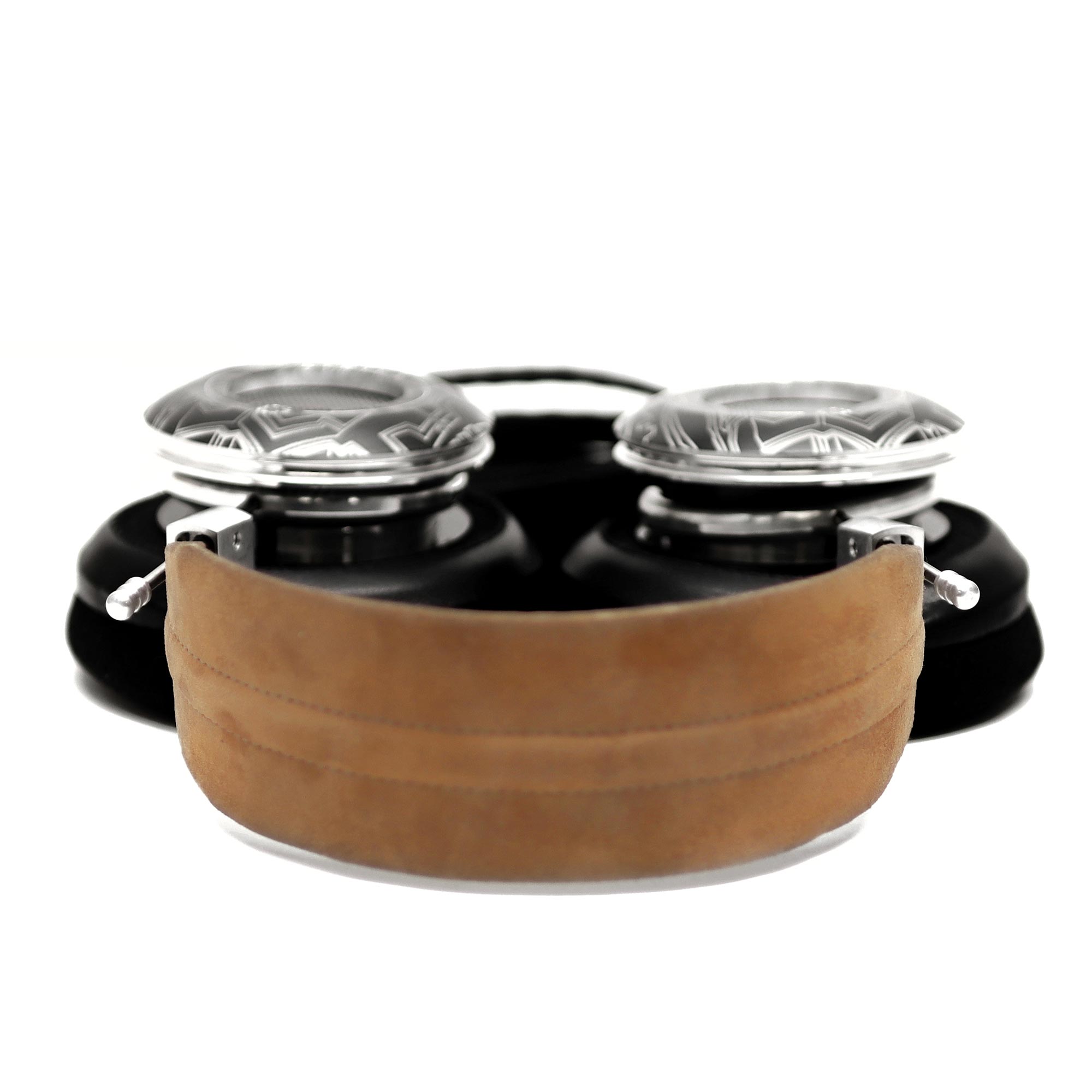 Front view of Spirit Torino Twin Pulse 1706 open back headphones with detailed metal drivers and brown headband on white background