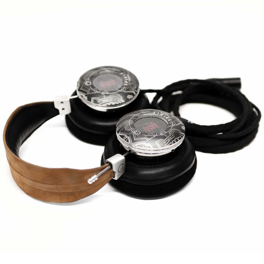 Spirit Torino Twin Pulse 1706 open back dynamic headphones with patterned metal ear cups and brown leather headband on white background