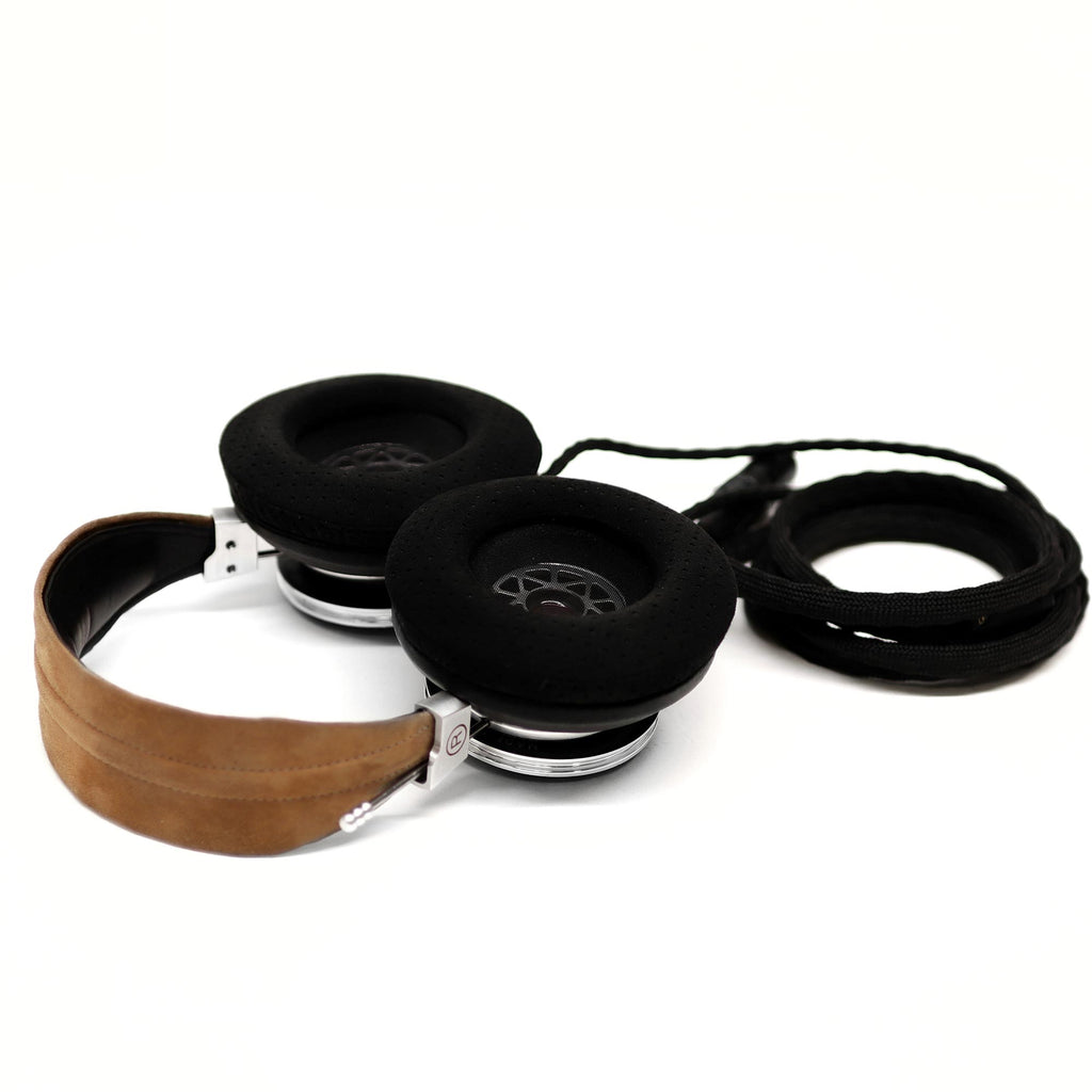 Spirit Torino Twin Pulse 1706 open back headphones with black ear pads and brown leather headband on white background