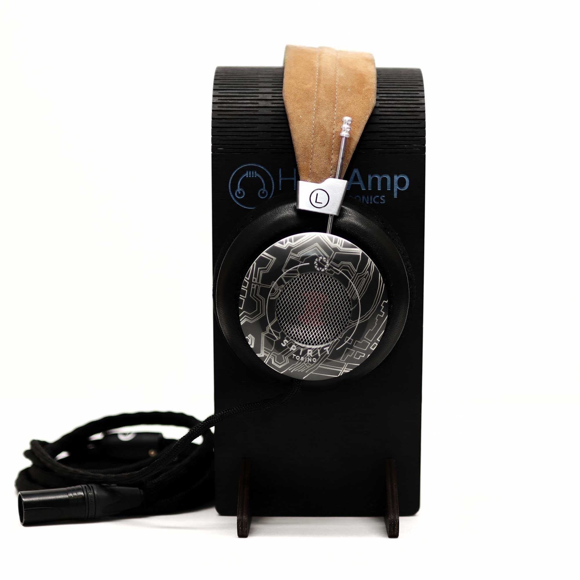 Spirit Torino Twin Pulse 1706 dynamic open back headphones with patterned ear cup and tan headband on black stand