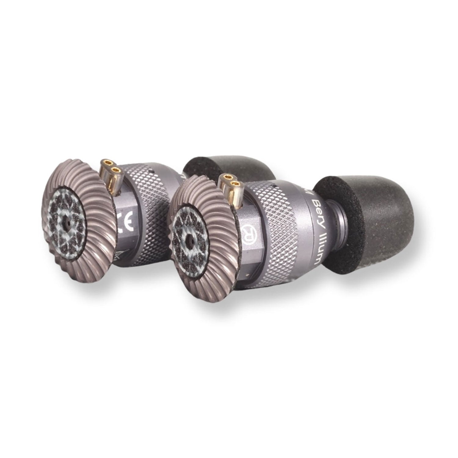 Spirit Torino Twin Pulse Beryllium IEM in-ear monitors with textured metal housing and black foam ear tips on white background