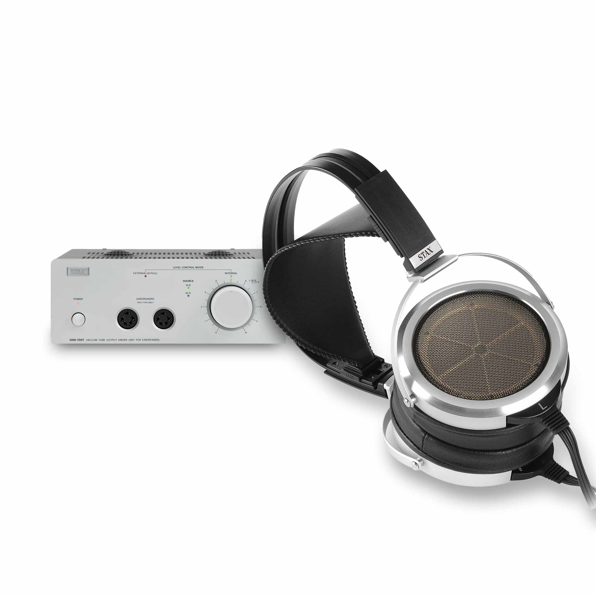 STAX SR-009S + SRM-700T/SRM-700S Bundle showing electrostatic headphones with silver amplifier on white background