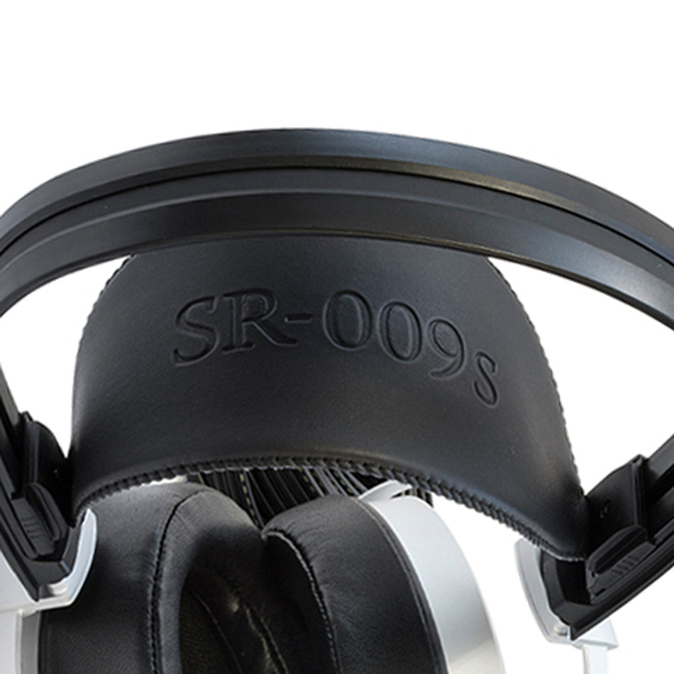 Close-up of STAX Replacement Headpad for SR-009S Earspeakers black leather headband with SR-009s debossing