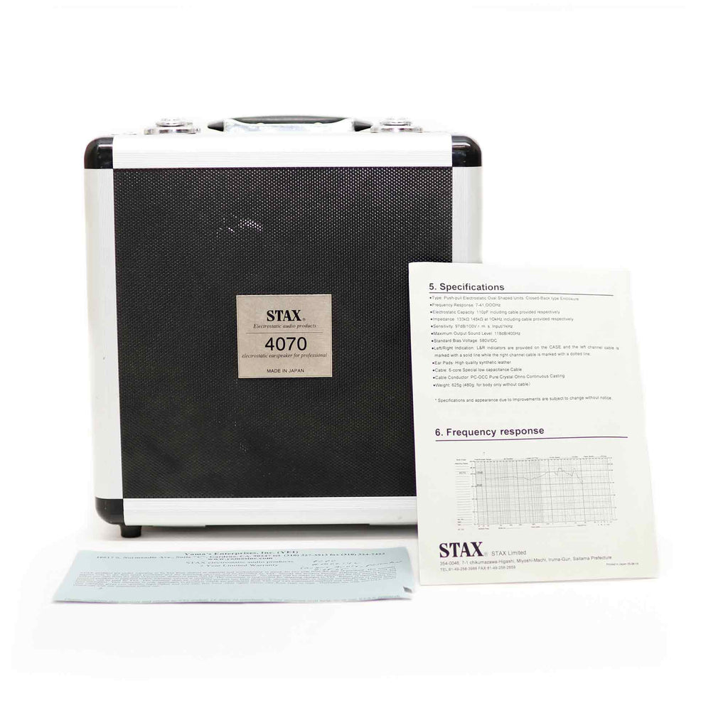 STAX SR-4070 Closed-Back Electrostatic Headphone (Pre-Owned) carrying case with user manual and frequency response sheet on white background