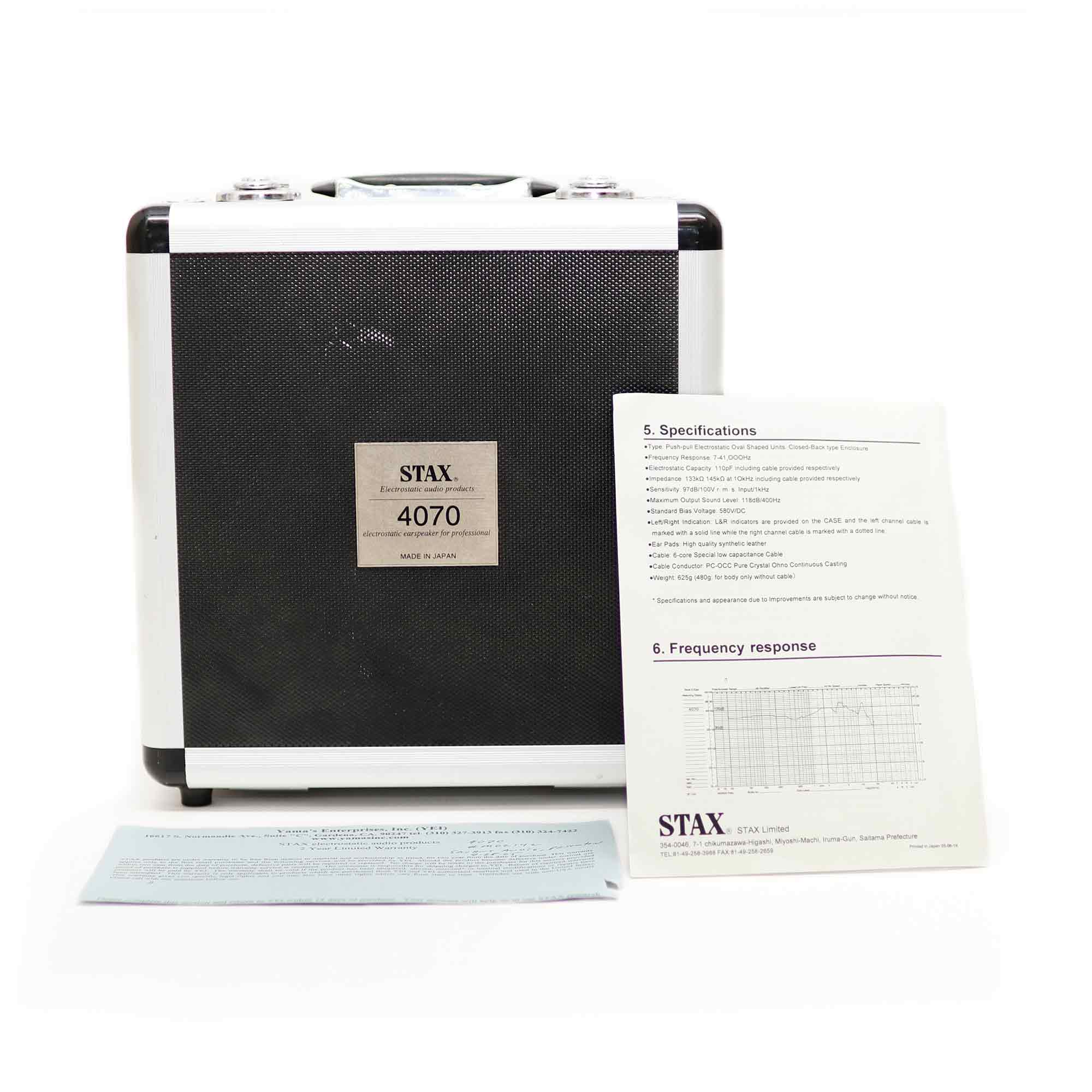 STAX SR-4070 Closed-Back Electrostatic Headphone (Pre-Owned) carrying case with user manual and frequency response sheet on white background