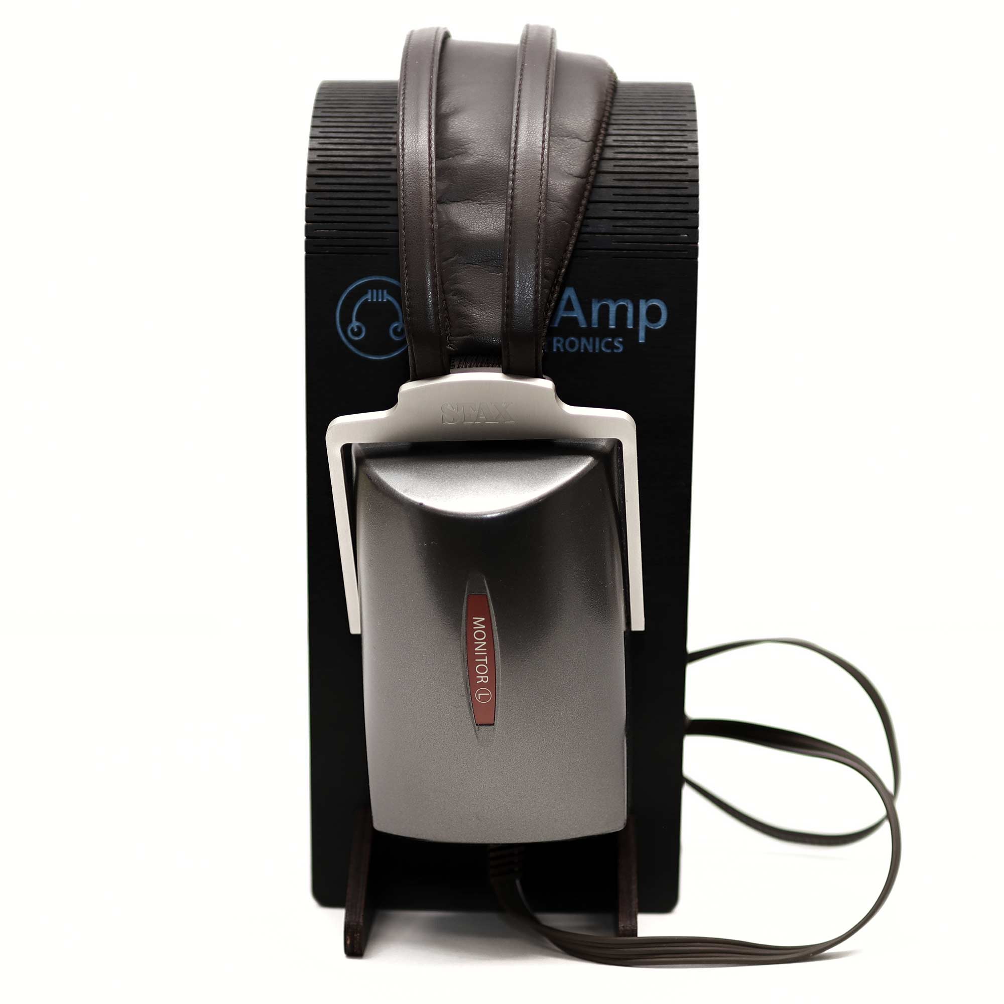STAX SR-4070 Closed-Back Electrostatic Headphone (Pre-Owned) with leather padded headband on display stand