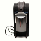 STAX SR-4070 Closed-Back Electrostatic Headphone (Pre-Owned) on black headphone stand with attached cable on white background