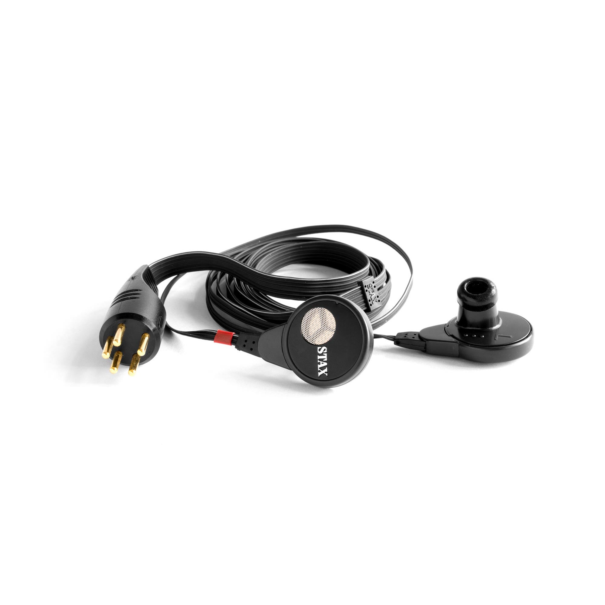 STAX SR-003 mk2 Electrostatic In-Ear Headphones with 5-pin connector and black cable on white background