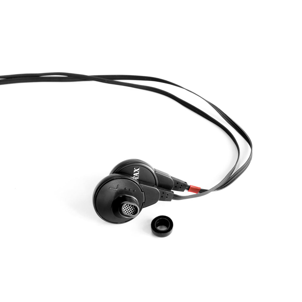 STAX SR-003 mk2 Electrostatic In-Ear Headphones with black cable and removable ear tip on white background
