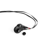 STAX SR-003 mk2 Electrostatic In-Ear Headphones with black cable and removable ear tip on white background